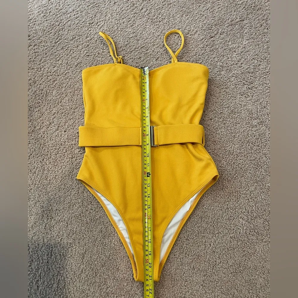 SHEIN Rib Knit Belted Tube One Piece Yellow Swimsuit - Image 2
