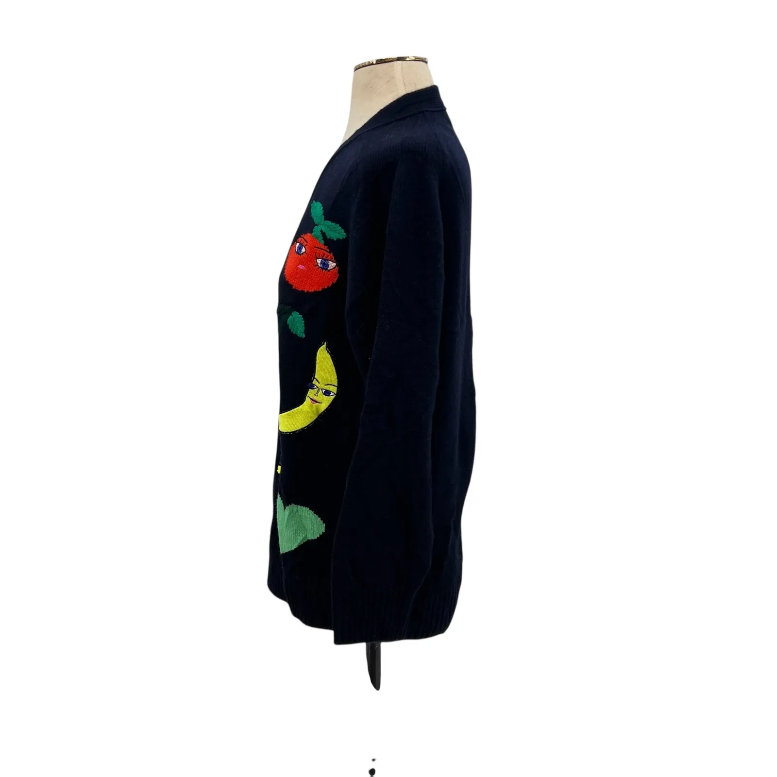 Maison Common Cardigan Sweater Fruit Print Navy Blue Merino Cashmere Size Medium - Image 10