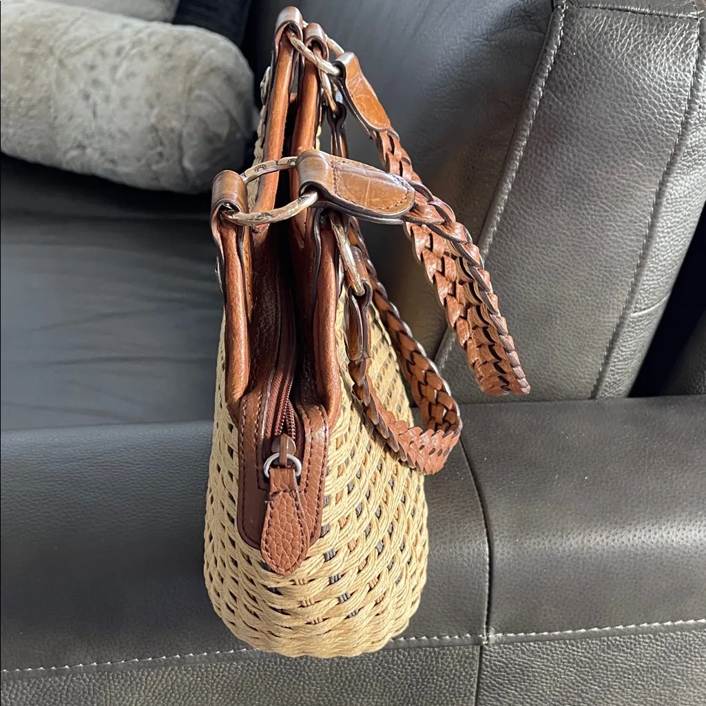 Brighton Braided Leather Handles Tan and Brown Woven Bag - Image 5