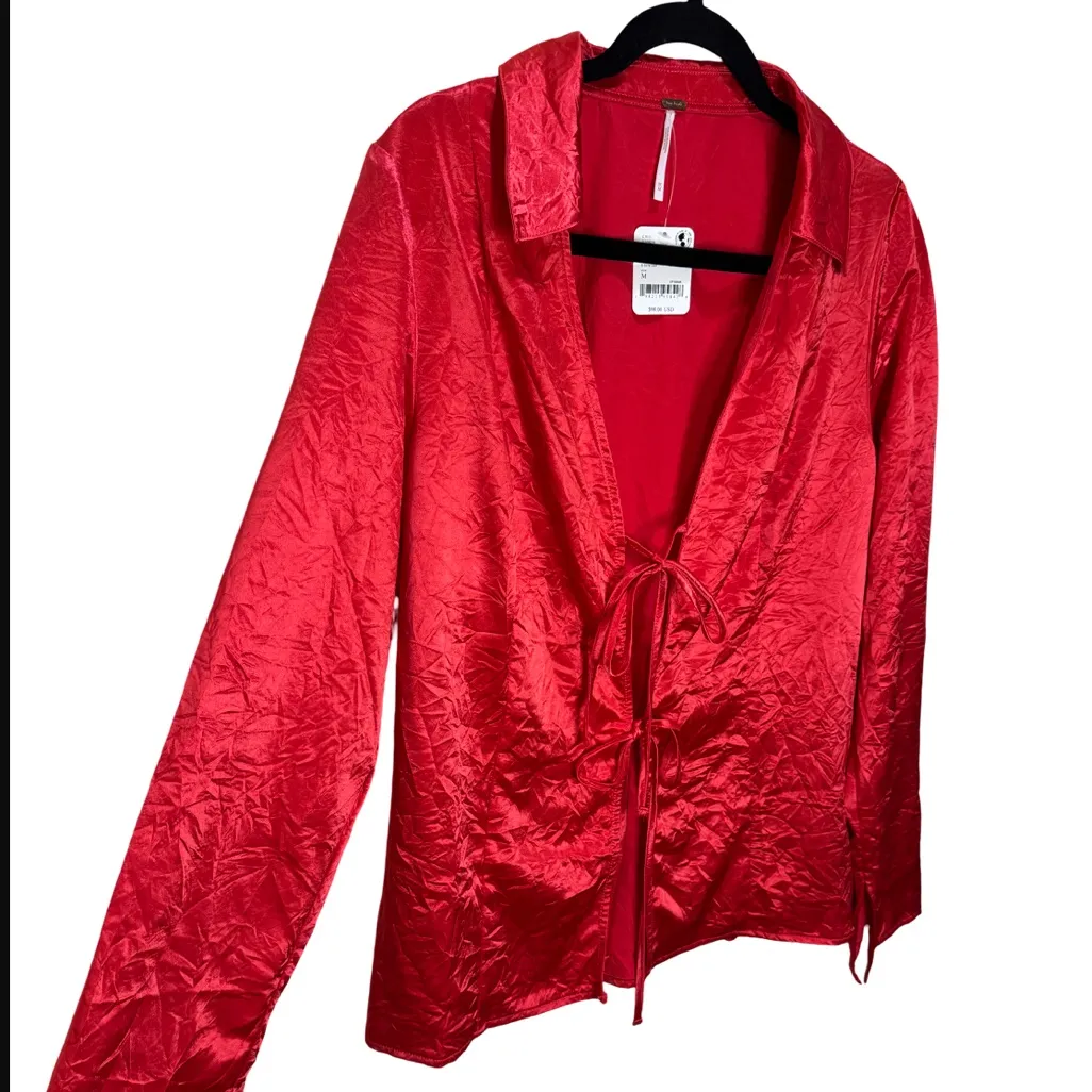 Free People Star Eyes Crinkle Satin Top - Retro Red M - Image 8