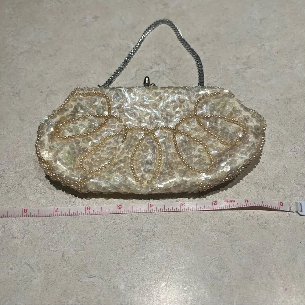 Vintage Beaded Evening Clutch‎ Bag - Pearlescent Sequins & Pearls, Made in Japan - Image 7