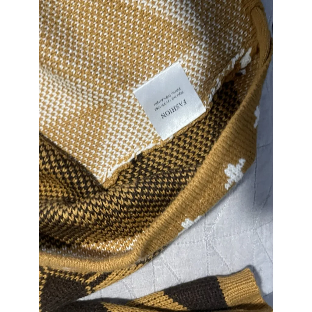Hooded Sweater Geometric Knit Womens Size Medium Brown White Pull Over Cowl Neck - Image 9