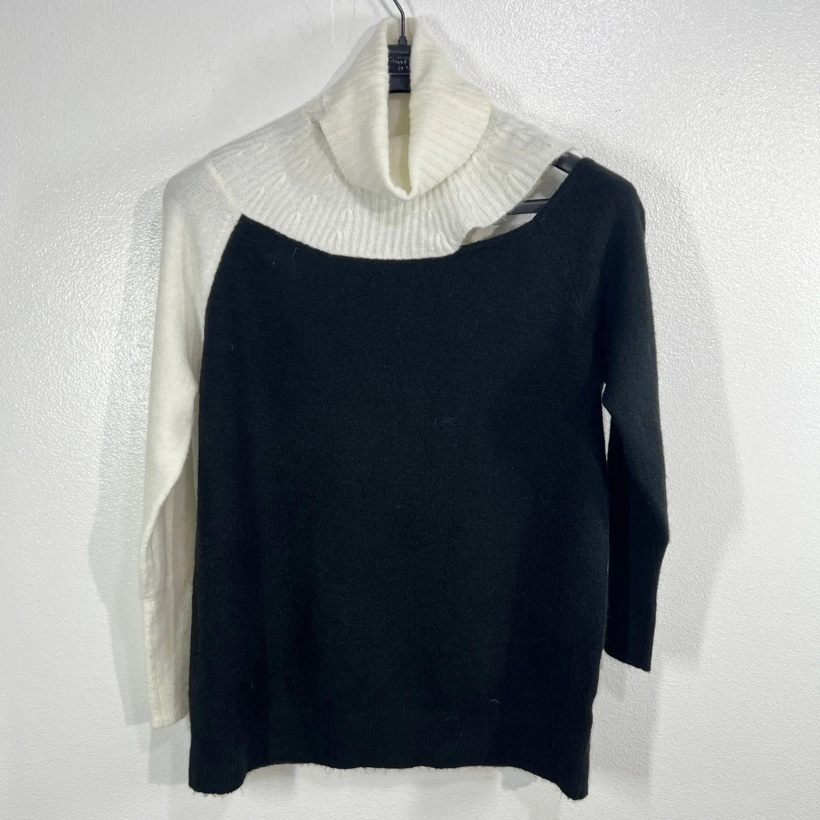 HALOGEN Black White Asymmetrical Neckline Turtleneck Sweater Medium Elevated - Image 2