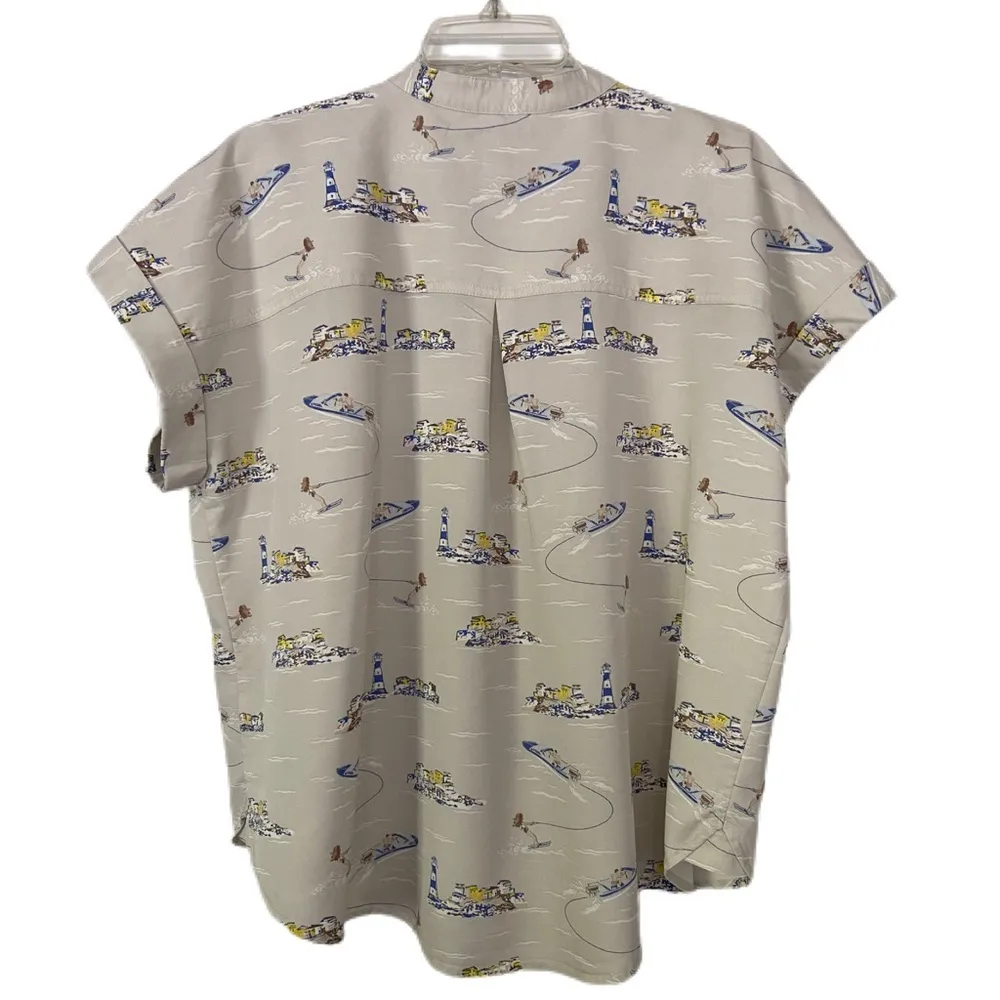 Lands' End Button Down Shirt Cuffed Short Sleeves Nautical Scenes Pattern Size L - Image 2