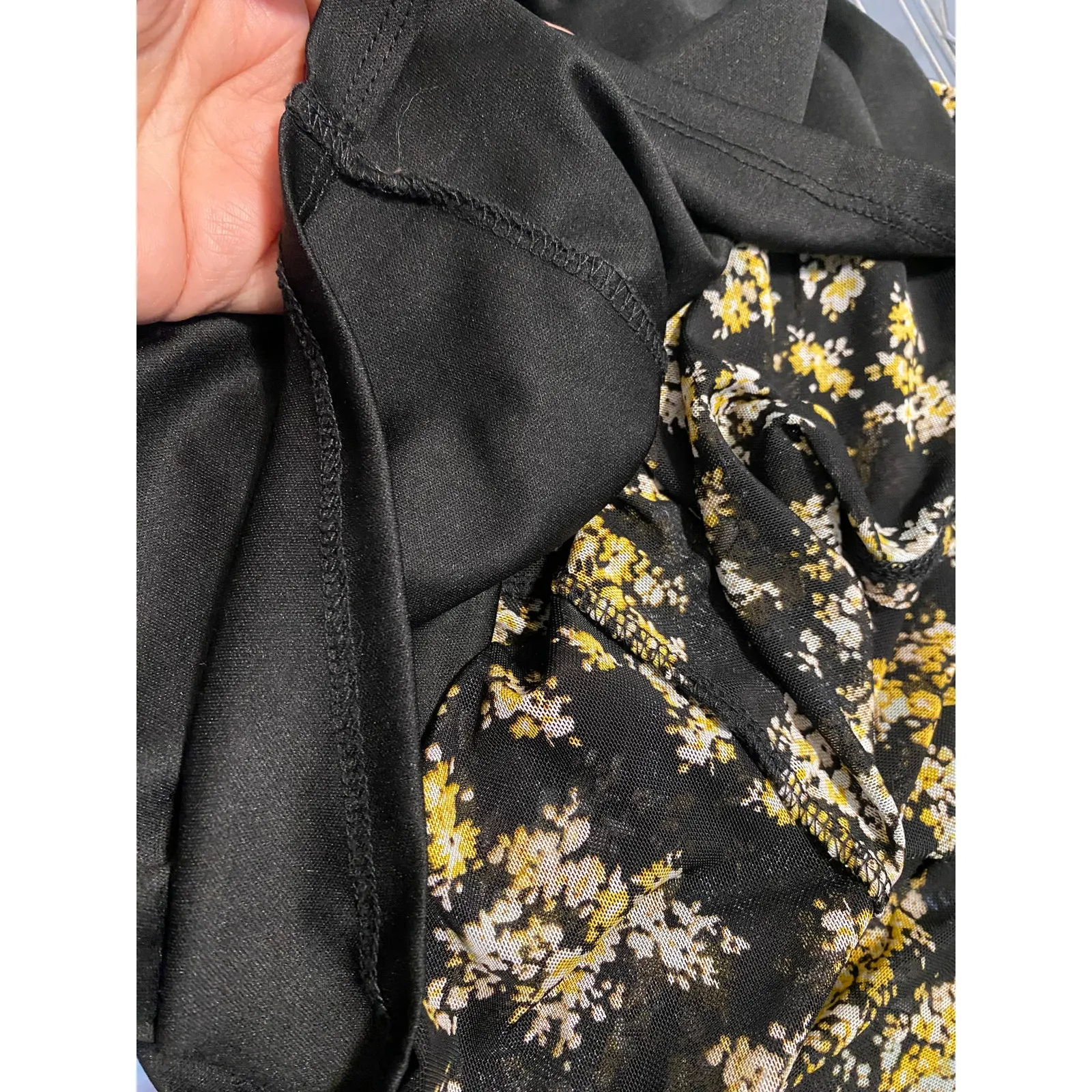 AFRM Tezza Black & Yellow Floral Ruched Mesh Midi Long Sleeves Dress Womens XS - Image 8