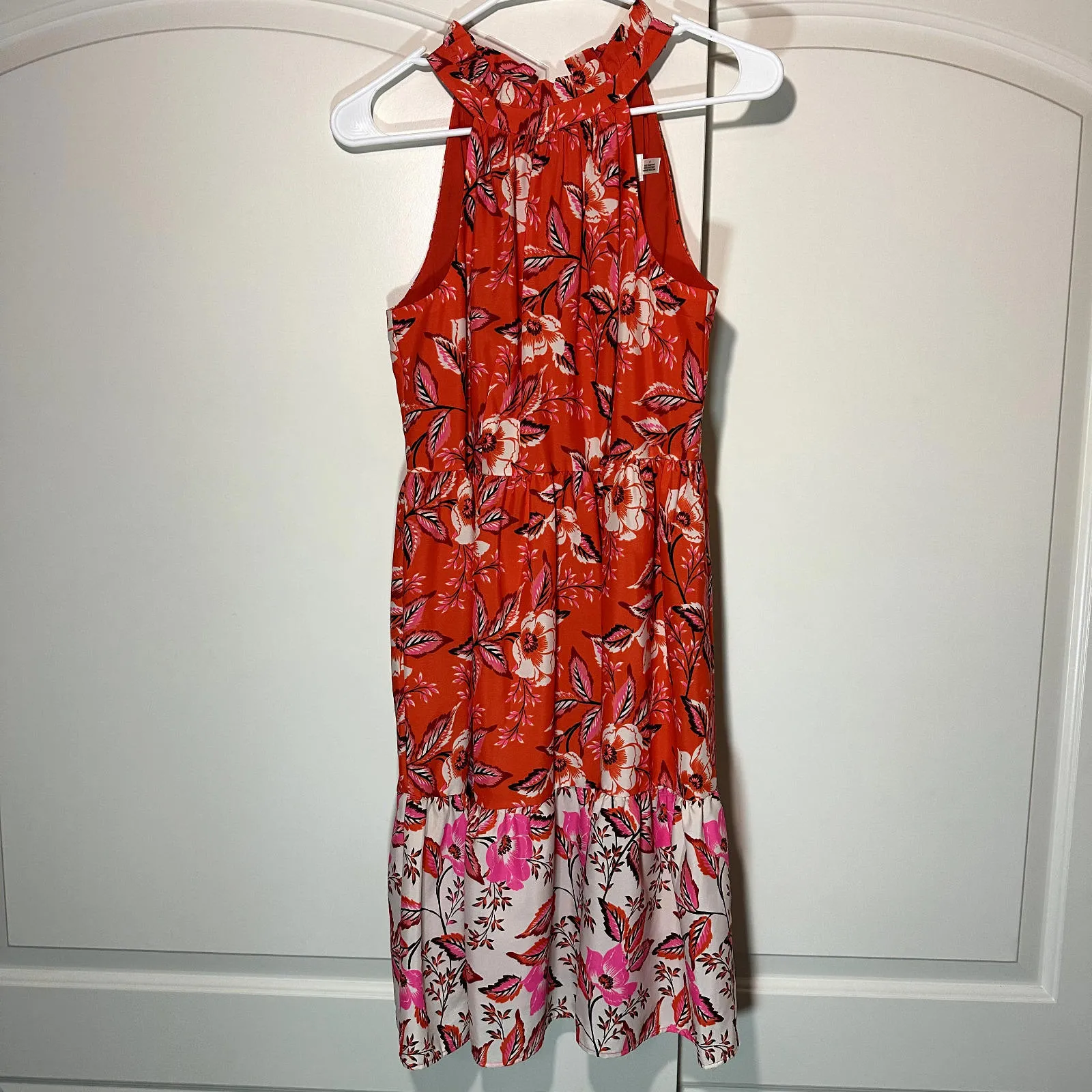 Eliza J Floral‎ High Neck Fit & Flare Dress In Orange Pink Tie Bow Back Size 4 - Image 2