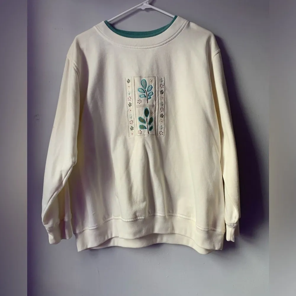 VTG Floral Embroidered Sweatshirt Crewneck Sweater Cream Blue Size M L White Size L - Image 2