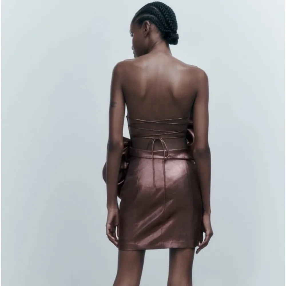 Zara VOLUMINOUS FLOWER MINI DRESS STRAPLESS SHIMMER SHINNY BROWN SIZE XS NEW - Image 11