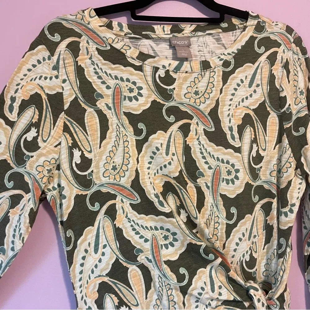 Chico's Green Paisley Printed Side-Tie Cotton Modal Slub Dress Size 8 - Image 4