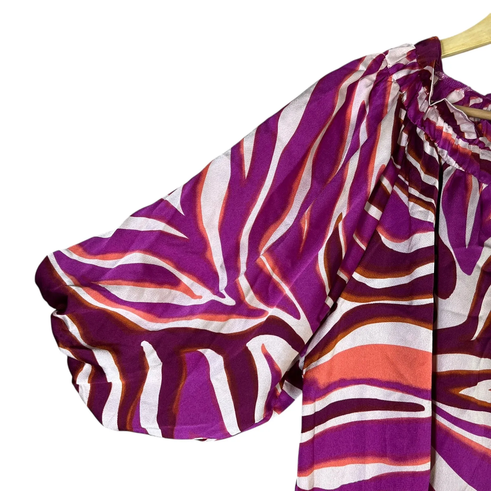 BIBI Womens Purple White Satin Zebra Print Peasant Top Size L Coastal Old Money Size L - Image 4