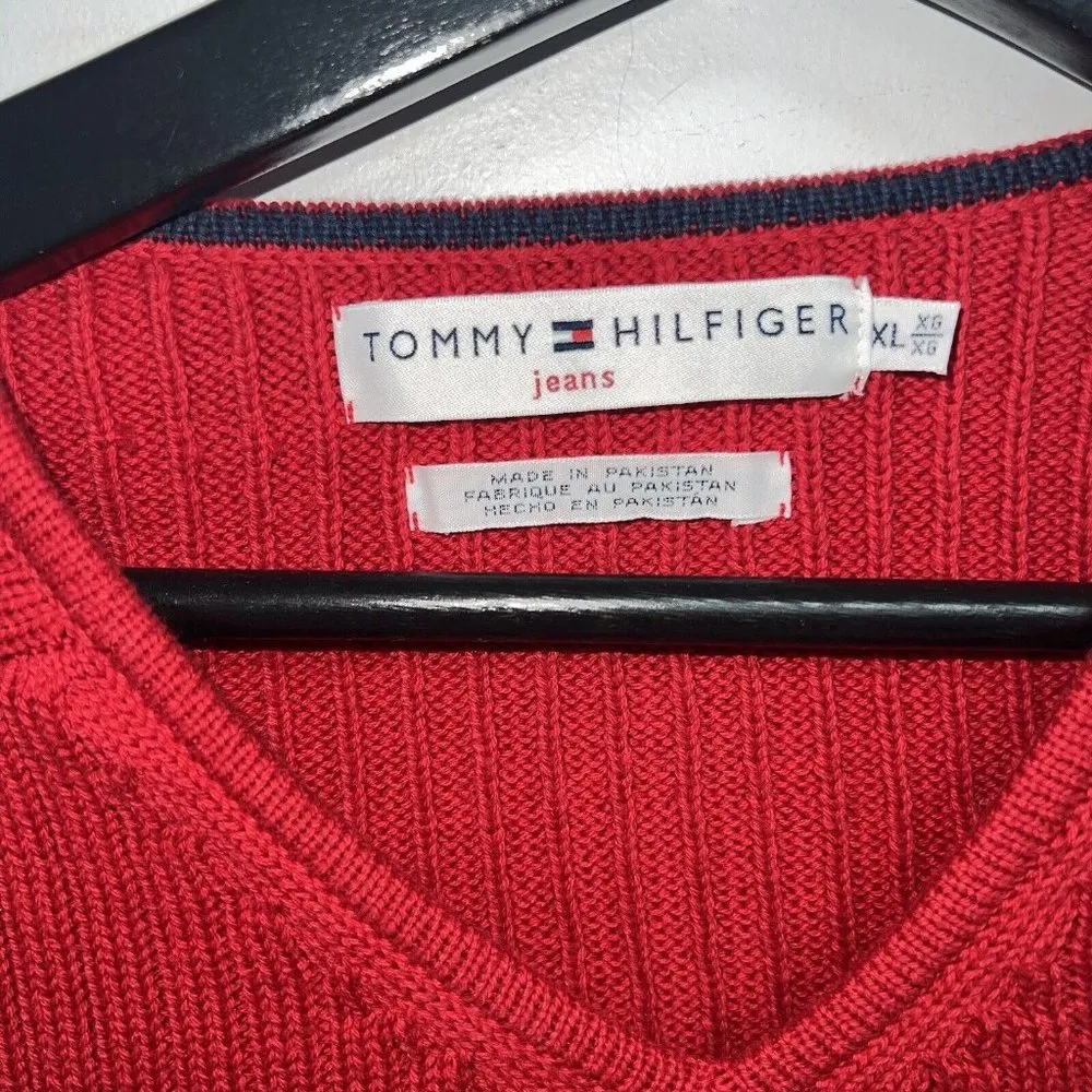 Vintage Y2K Tommy Hilfiger Womens Ribbed Knit Sweater Size XL Red White V-neck - Image 2