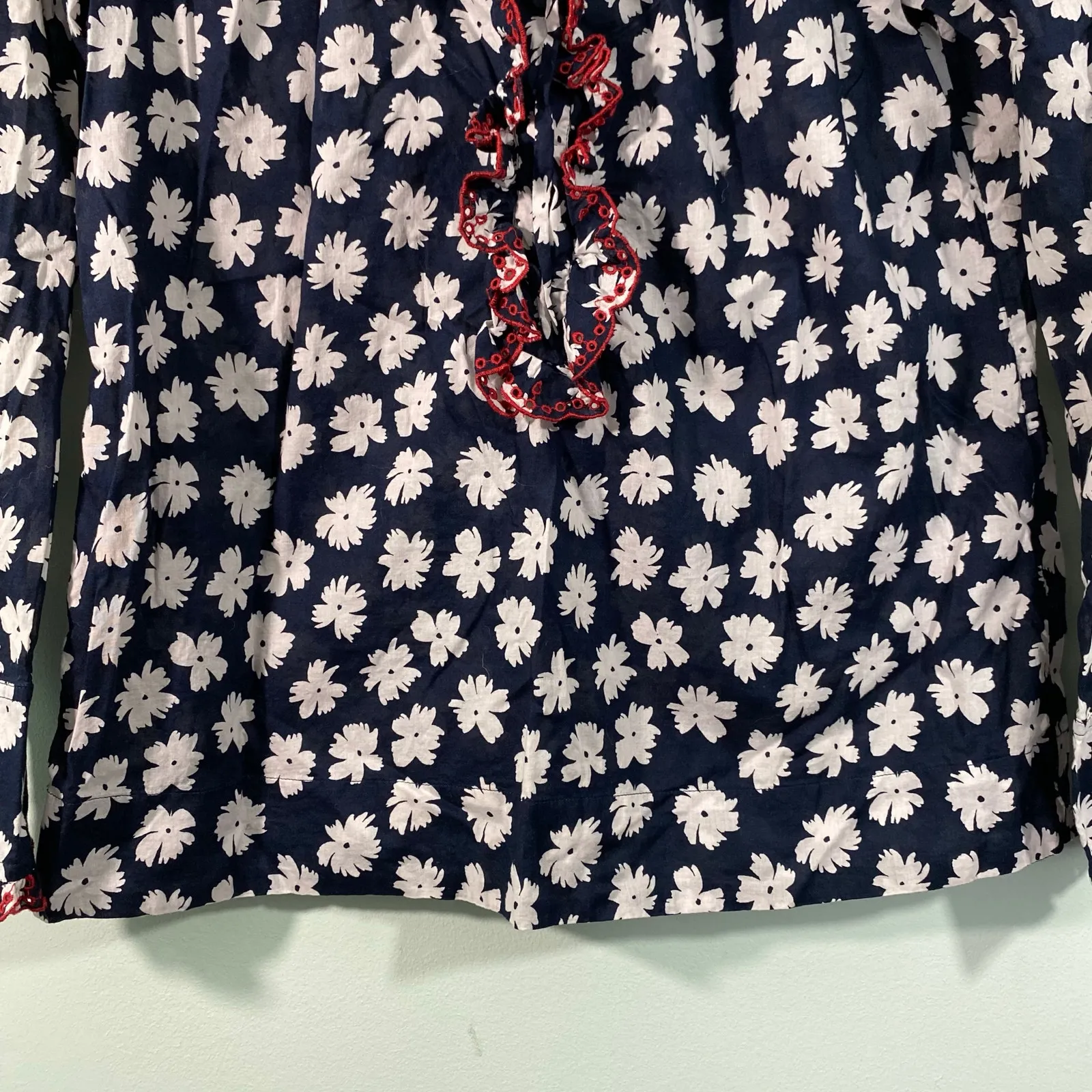 J Crew Women Navy & White Floral Ruffles Long Sleeve Blouse Size XS - Image 6