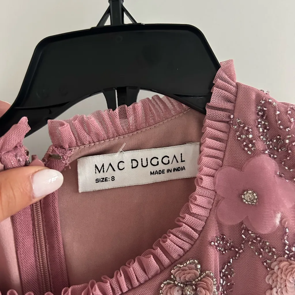 Mac Duggal Pink Embellished High Neck Flutter Sleeve A Line Dress - Image 2