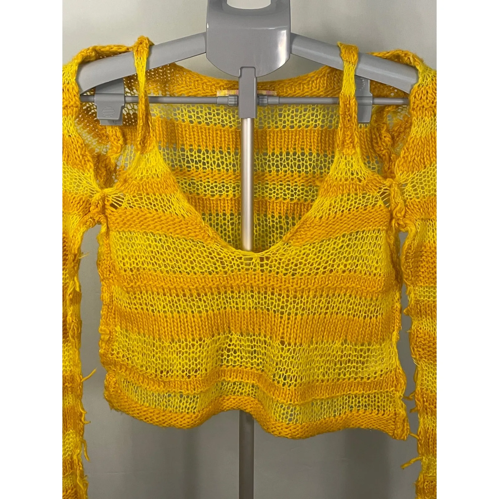 Yellow‎ Orange Striped Cropped Knit Sweater Long Sleeve V Neck Mesh Shirt - Image 2