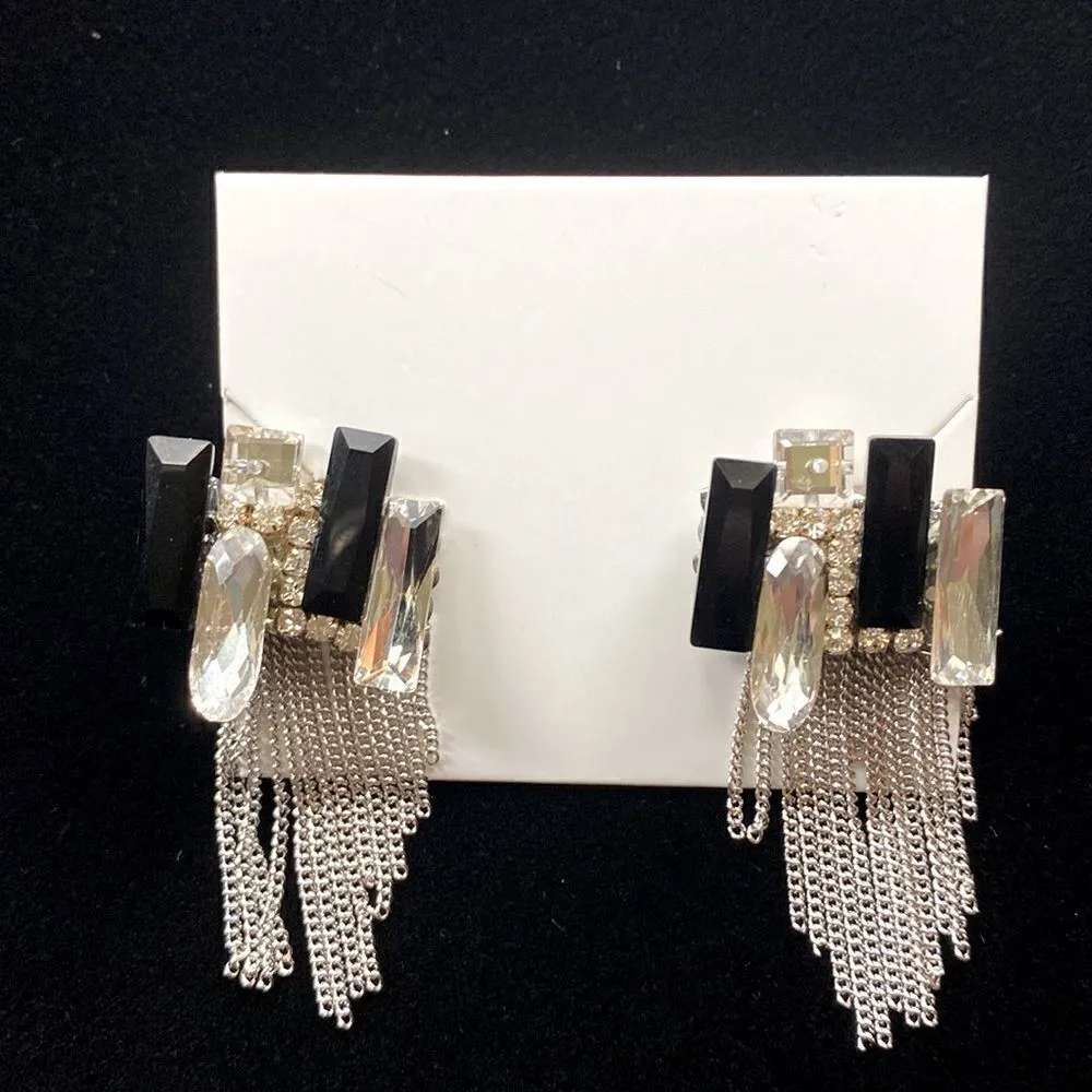 18K Gold Crystal Waterfall Statement Earrings Black Silver - Image 3