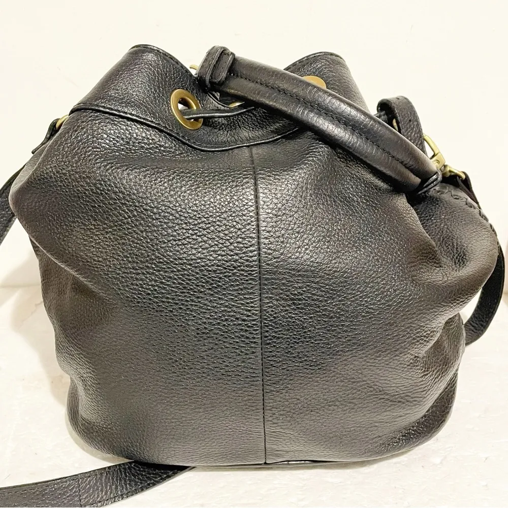 Boden Black Pebbled Leather Bucket Bag Drawstring Gold Hardware Shoulder - Image 8