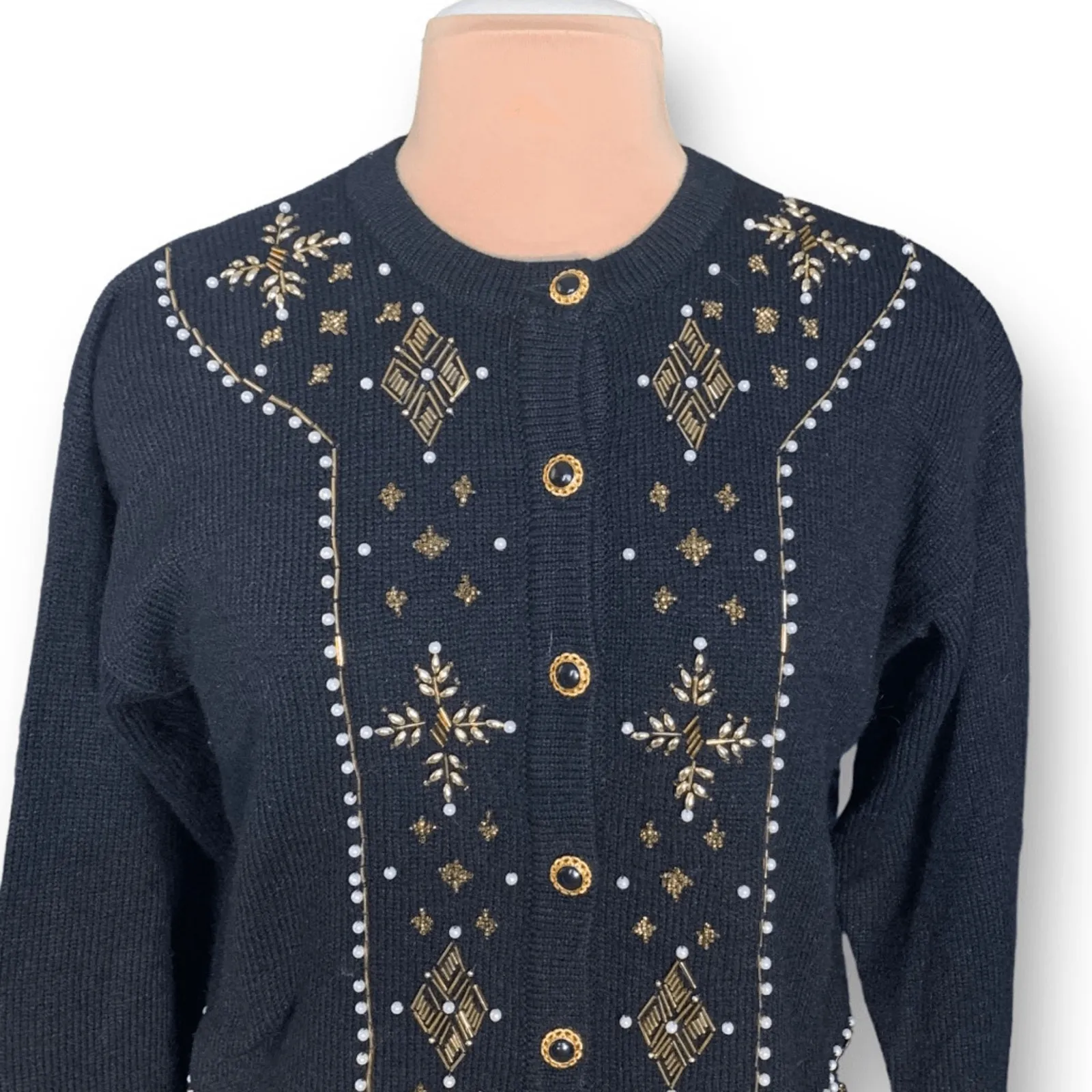 Vintage Knit Cardigan Sweater Black Gold Beaded Festive Wool Blend Crewneck Size M - Image 2