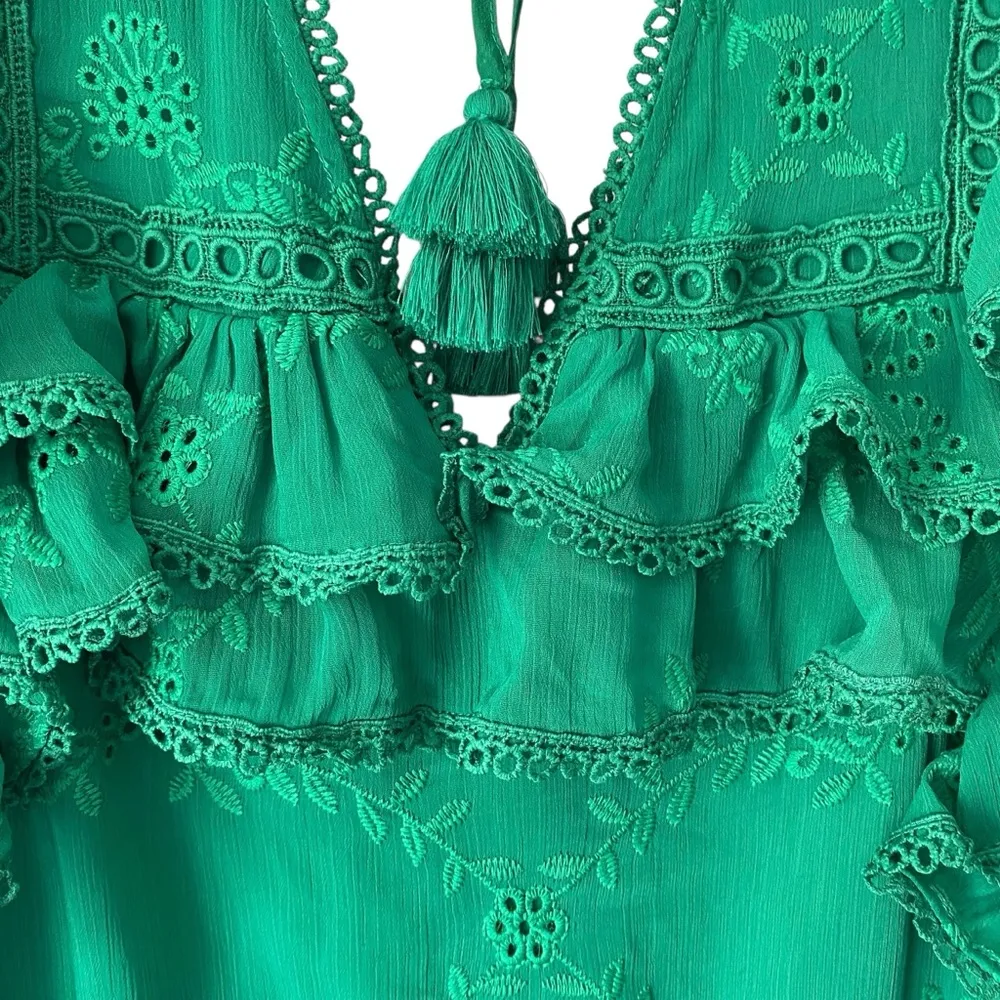 Tularosa A Line Above Green Eyelet Mini Ruffle Dress size small - Image 7
