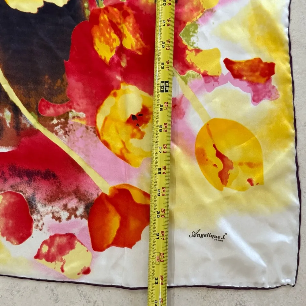 Vintage Angelique L. Paris 100% Silk Rolled Hem Floral Square Scarf 33”X 34” Red - Image 5