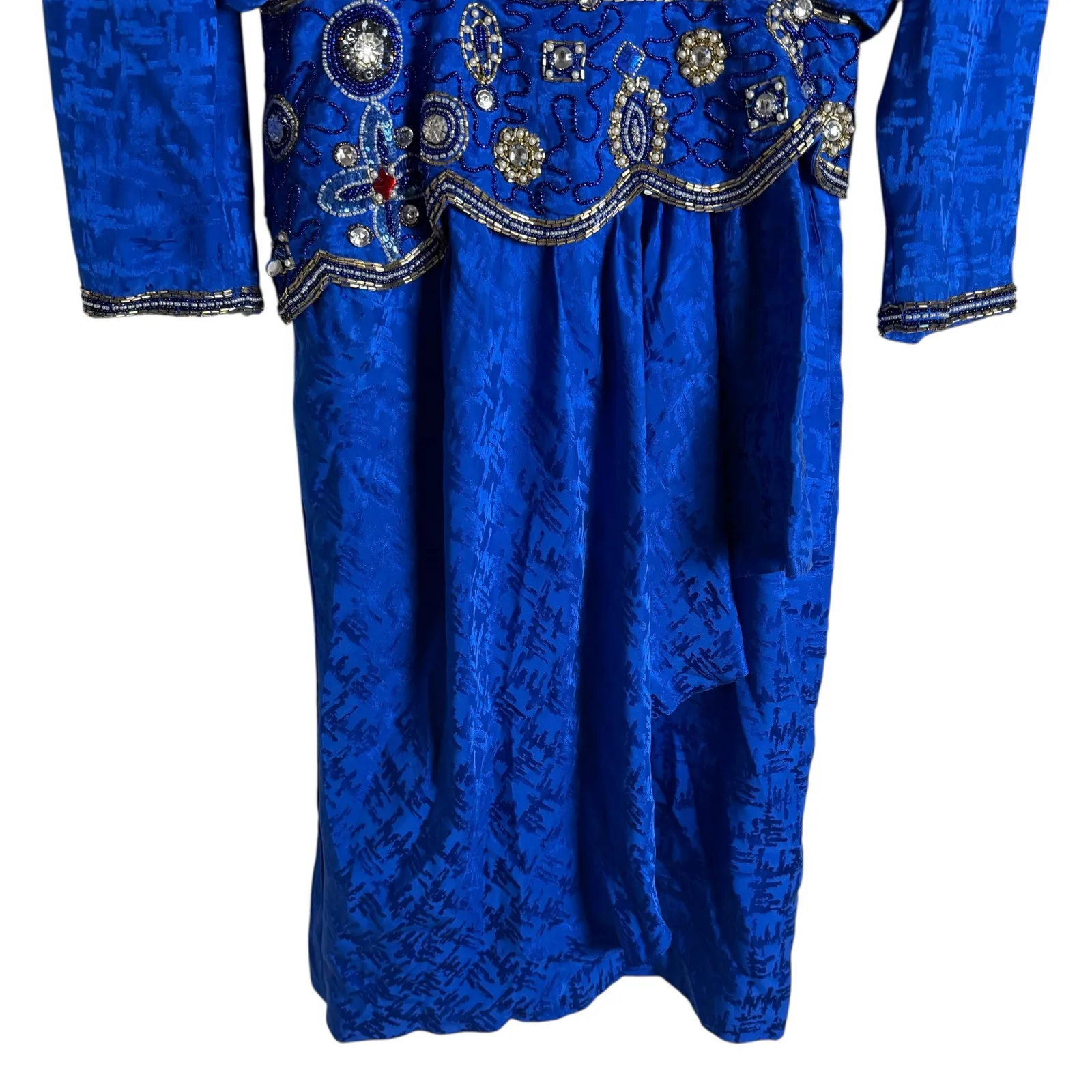 Vintage 80s d’ore Royal Blue Jewel Beaded Silk Jacquard Long Sleeve Dress Size 8 - Image 3