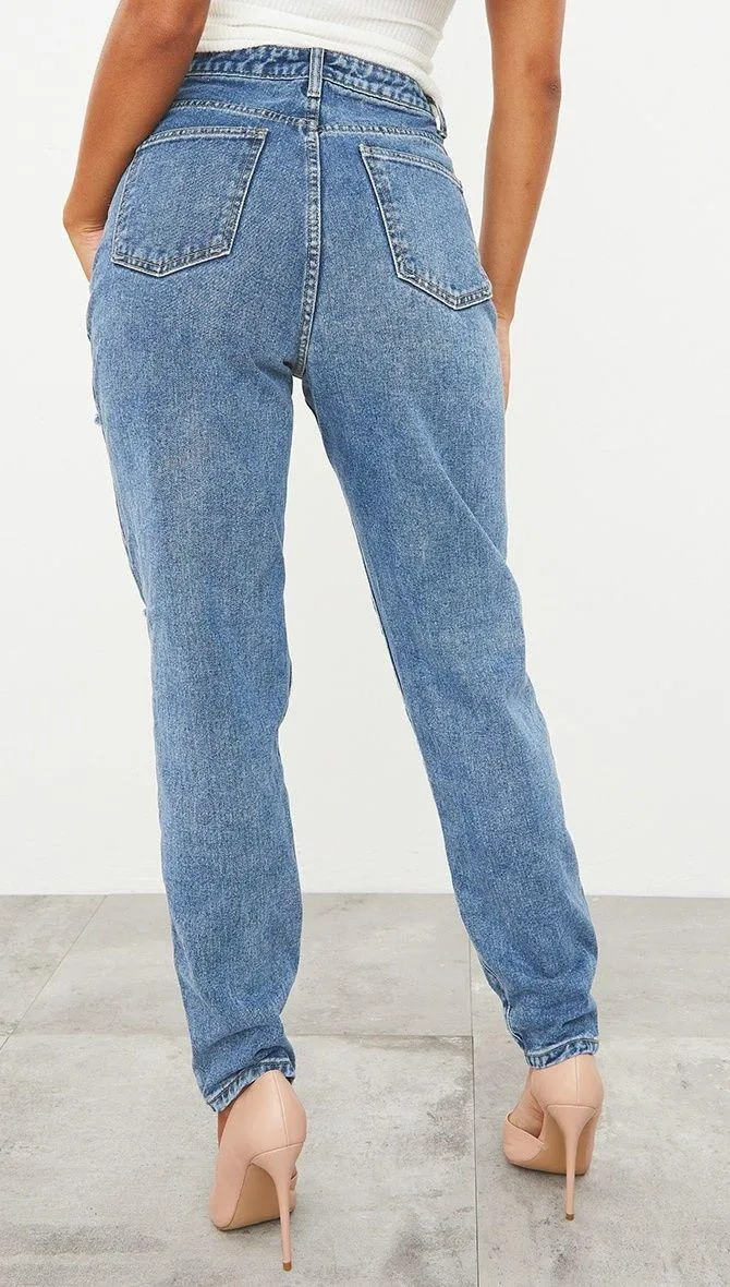 PRETTYLITTLETHING Mid Blue Ripped Mom Jeans   - Image 3