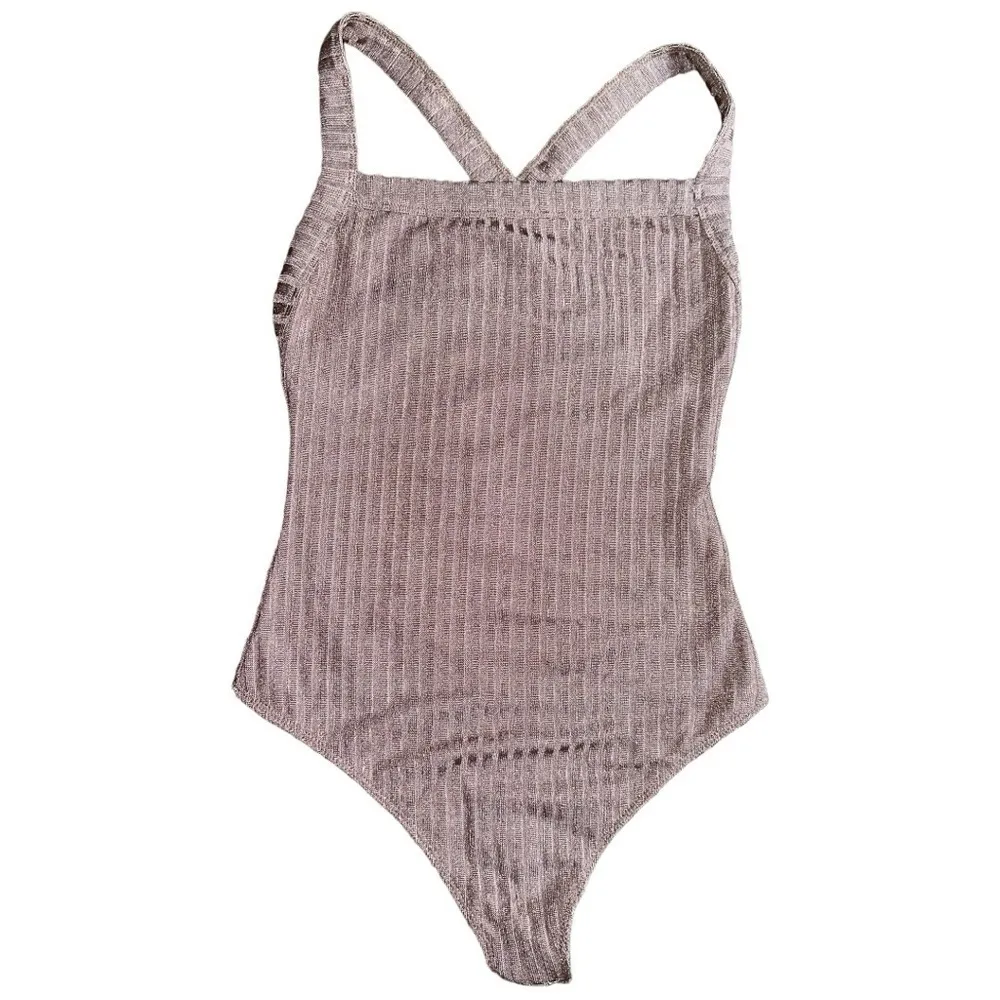 Privacy Please Women’s Size XS Shiny Blush Ribbed Criss Cross Back Nola Bodysuit - Image 5