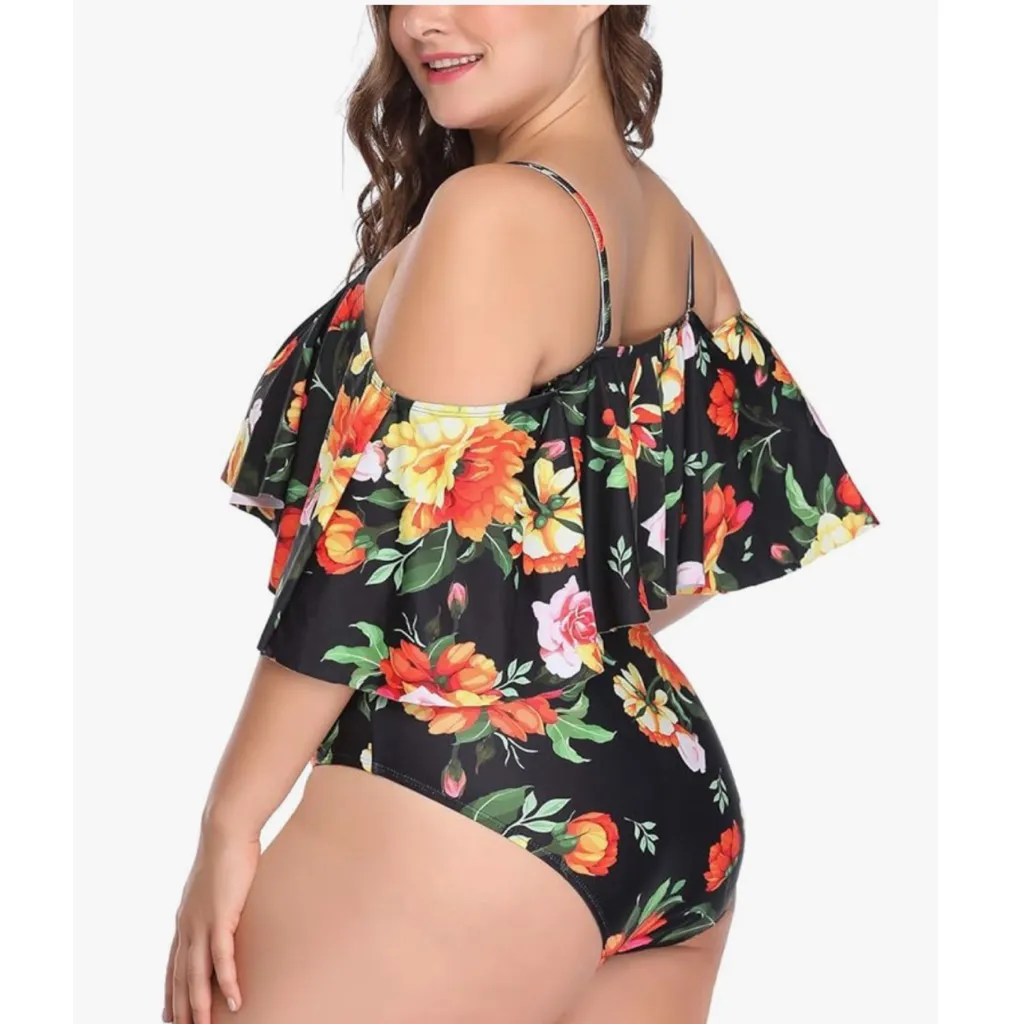Wavely Large Black Floral Off-Shoulder Ruffle One Piece Swimsuit - Image 3