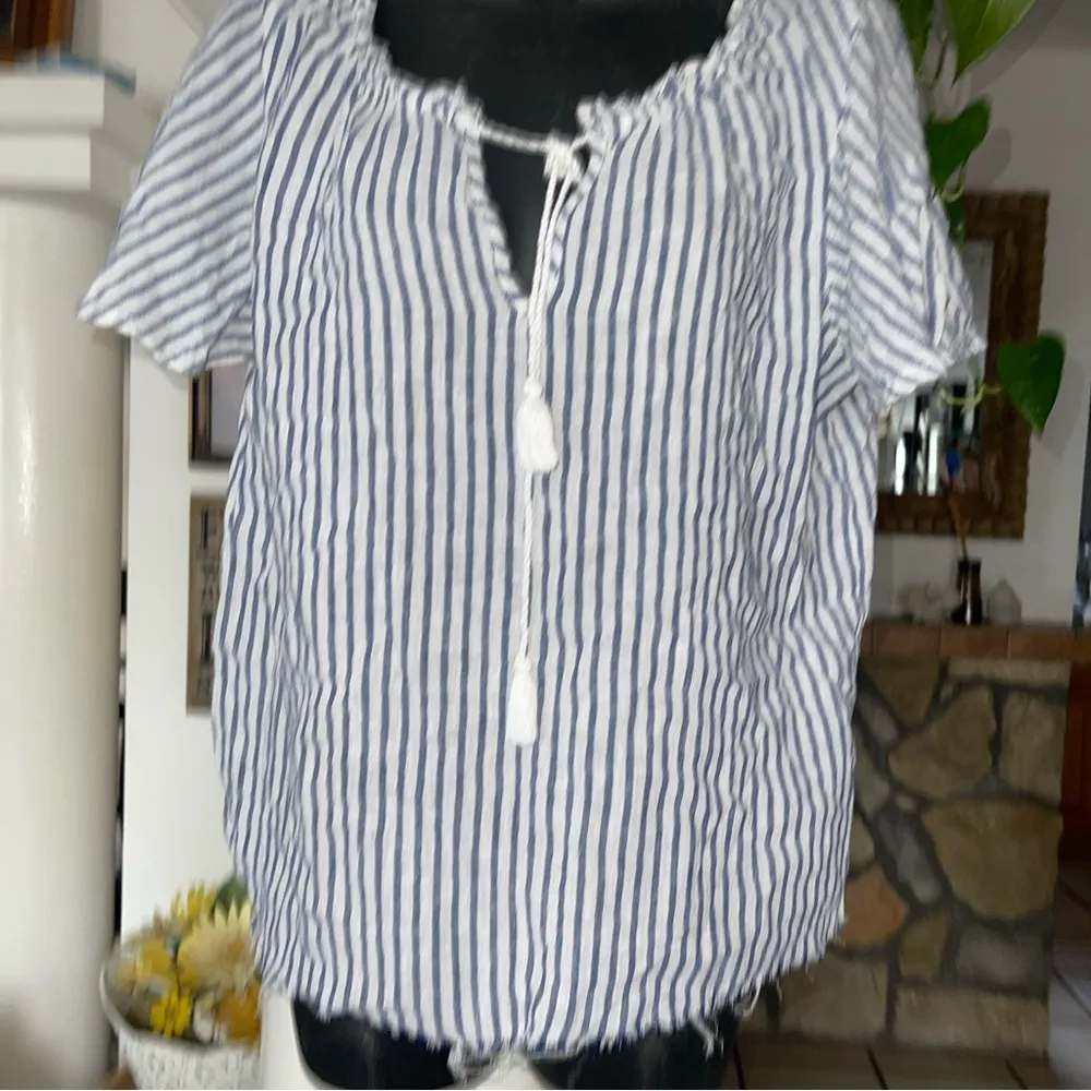 beach lunch lounge peasant striped nautical with tassels top size M - Image 3