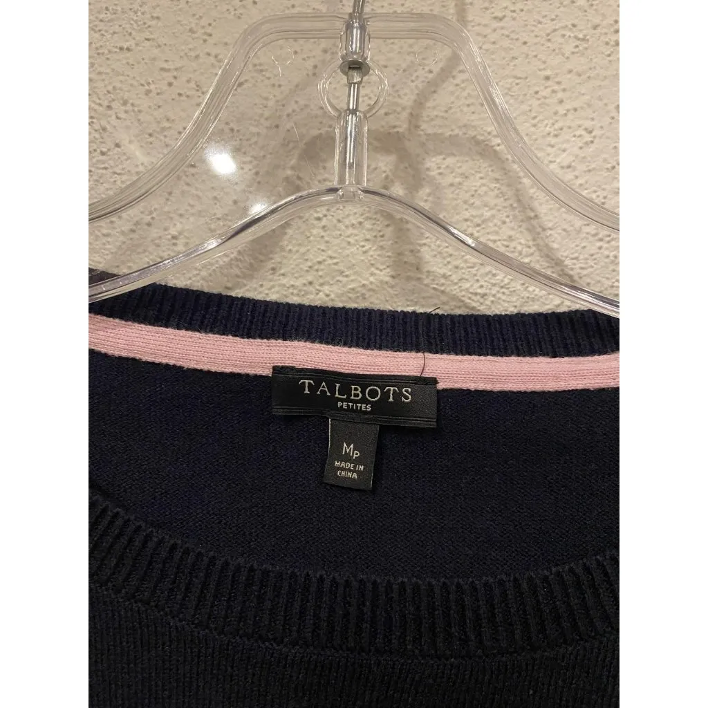 Talbots Spring Vacation Car Sweater Womens Medium Petite Navy Cotton Blend Crew - Image 3