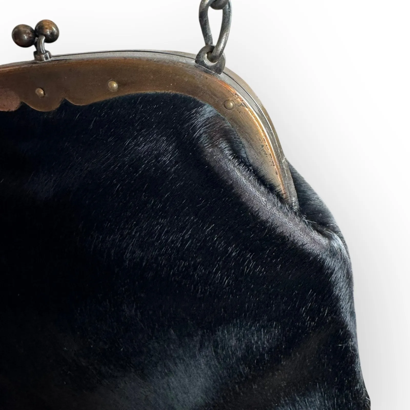 Vintage Black Hair Fur Shoulder Bag w/ Kiss Lock Pink Flower Lining Chain Strap - Image 11