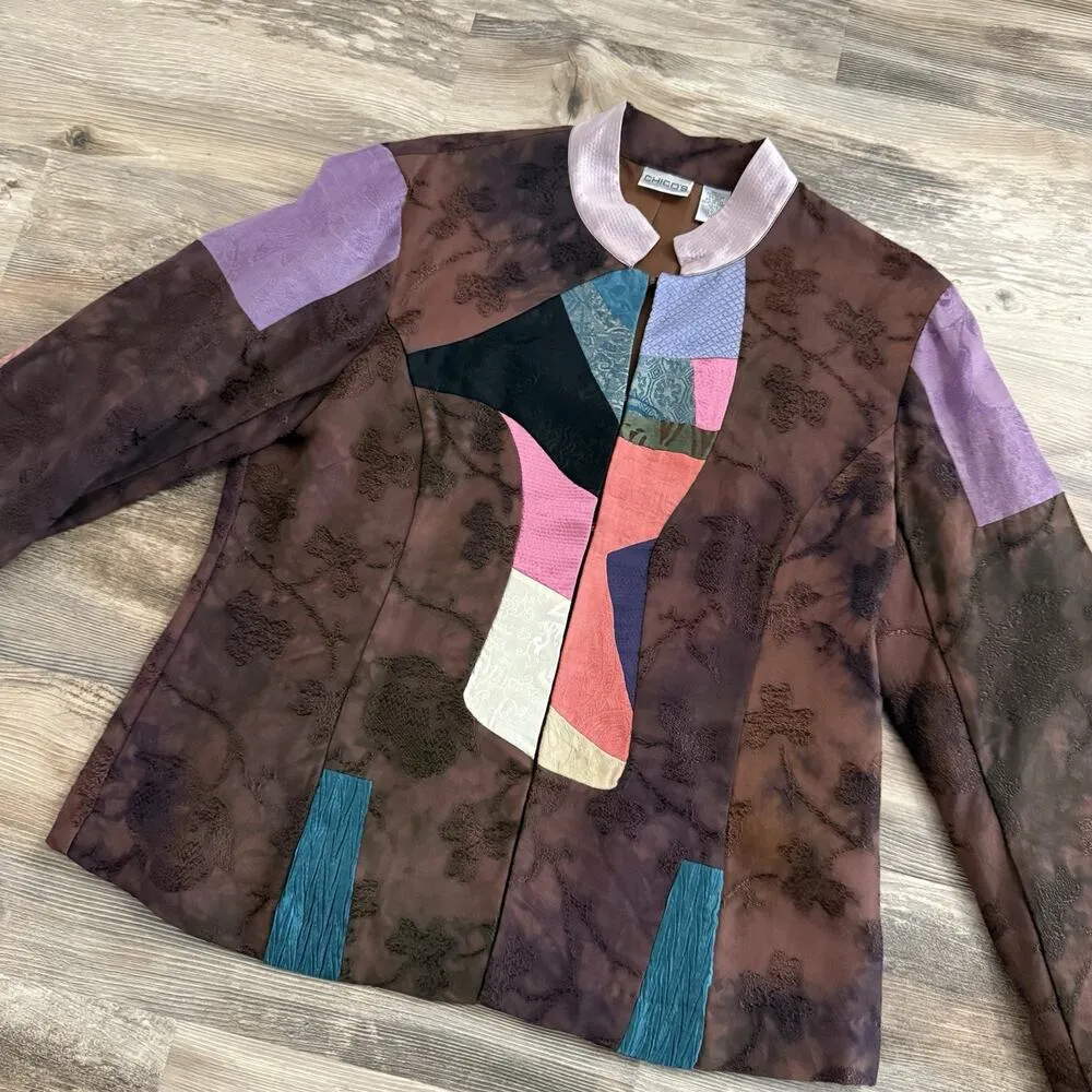 Chico’s Patchwork Womens Silk Blend Asian-Inspired Jacket Size 1 (M) Embroidered - Image 2