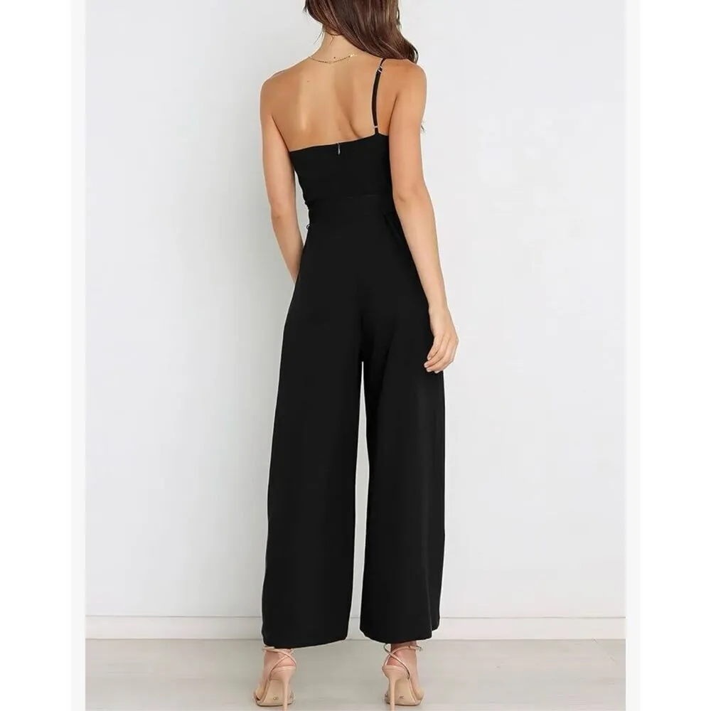 NEW Black One Shoulder Sleeveless Belted Wide Leg Jumpsuit XL - Image 3