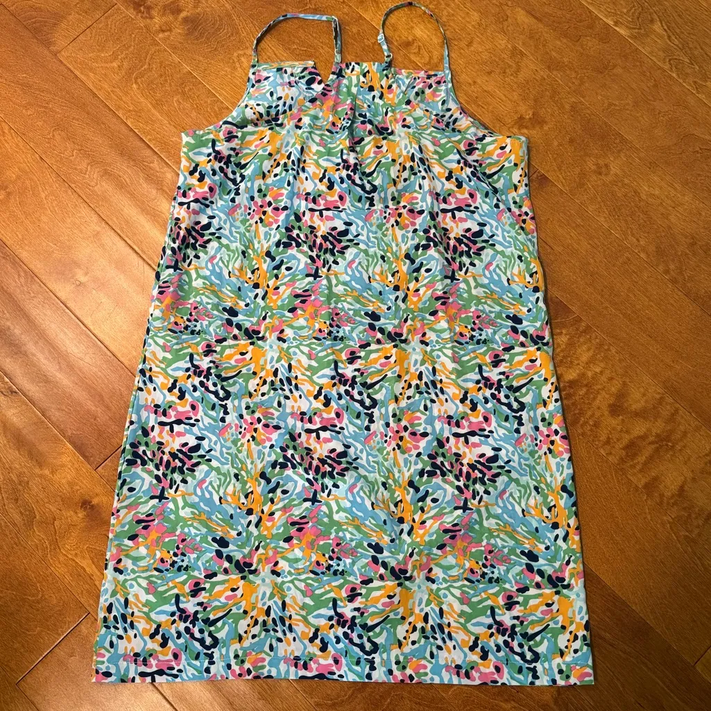 Mud Pie Waverly Dress Blue Pink Yellow Print V-neck Spaghetti Strap Tank Dress - Image 6