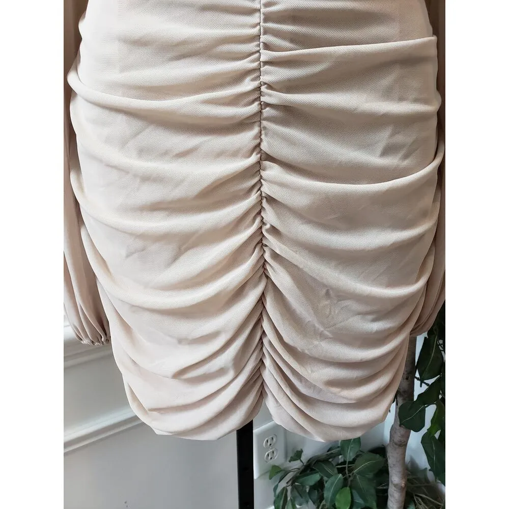 PRETTYLITTLETHING Party Dress Womens 8 Beige Ruched Pleated Long Sleeve Back Zip - Image 5