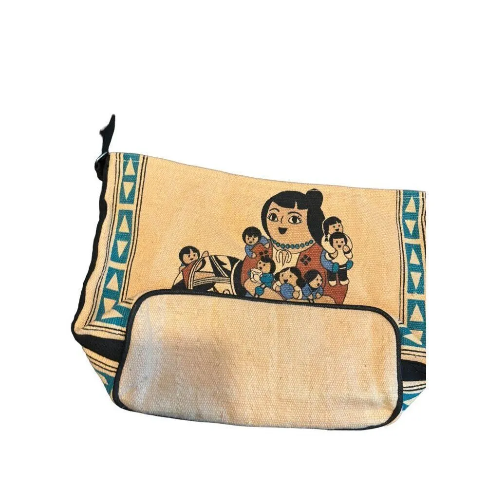 Handwoven Cotton Shoulder Bag With Tribal Family Print Blue - Image 4