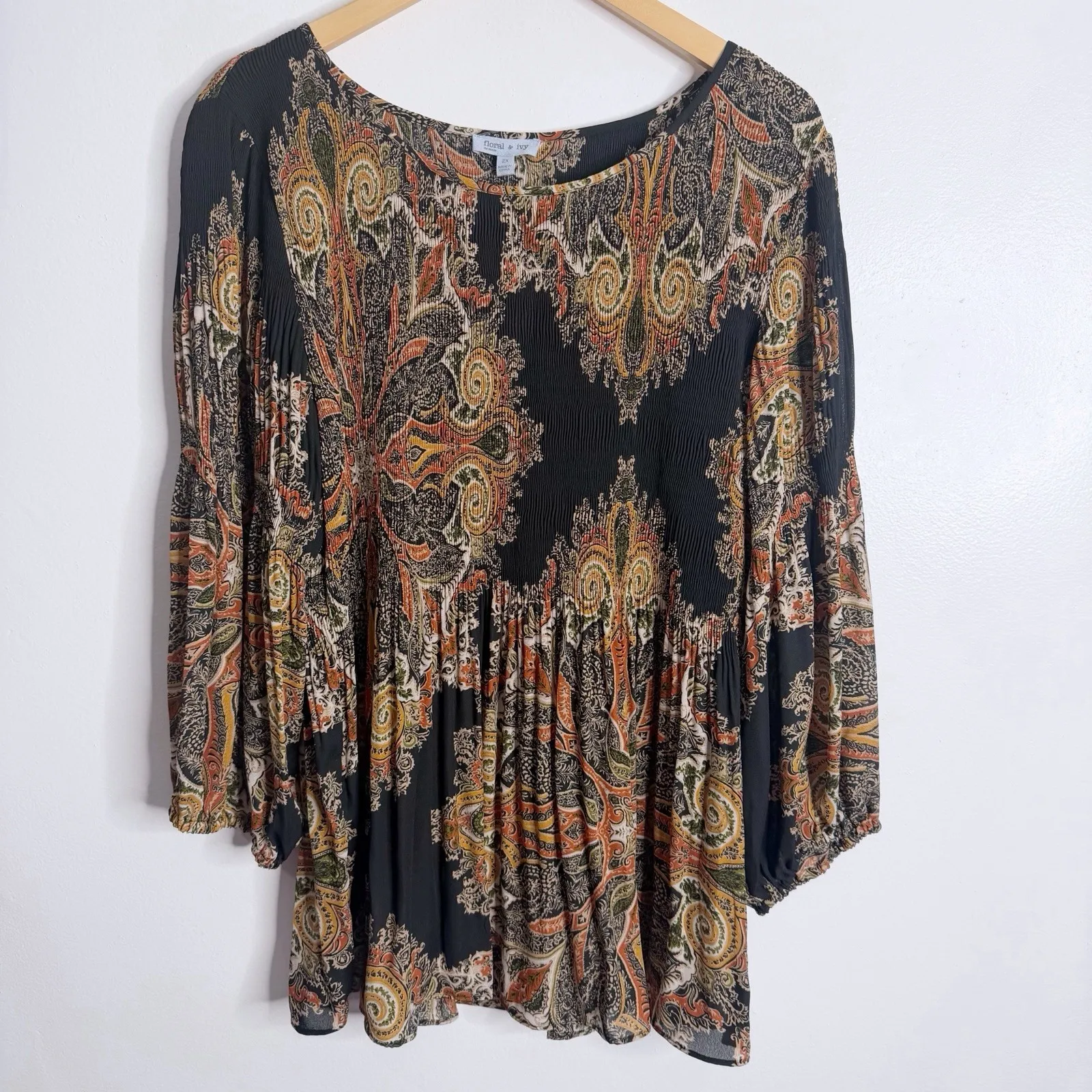 NWT Floral & Ivy Boho Paisley Pleated Peplum Top 2X Rust & Black Balloon Sleeves Size XXL - Image 2