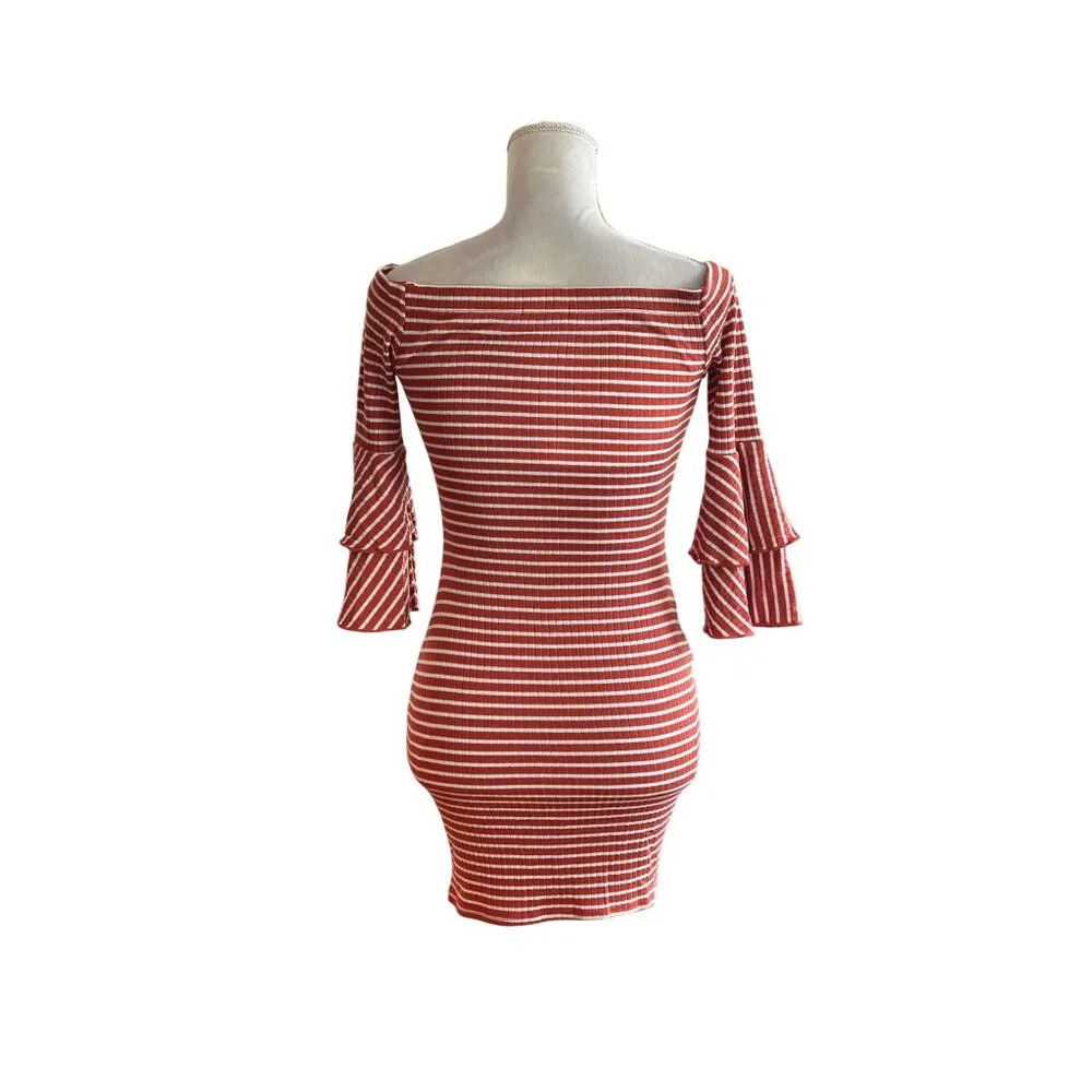 Vintage Womens off-the-shoulder mini dress Striped tiered ruffled sleeves Sz S - Image 3