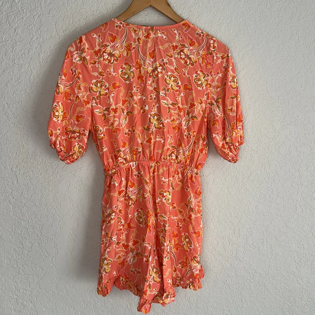 Shore Playsuit Romper Orange Floral Deep V Pockets Short Sleeve Vacation Cruise - Image 6