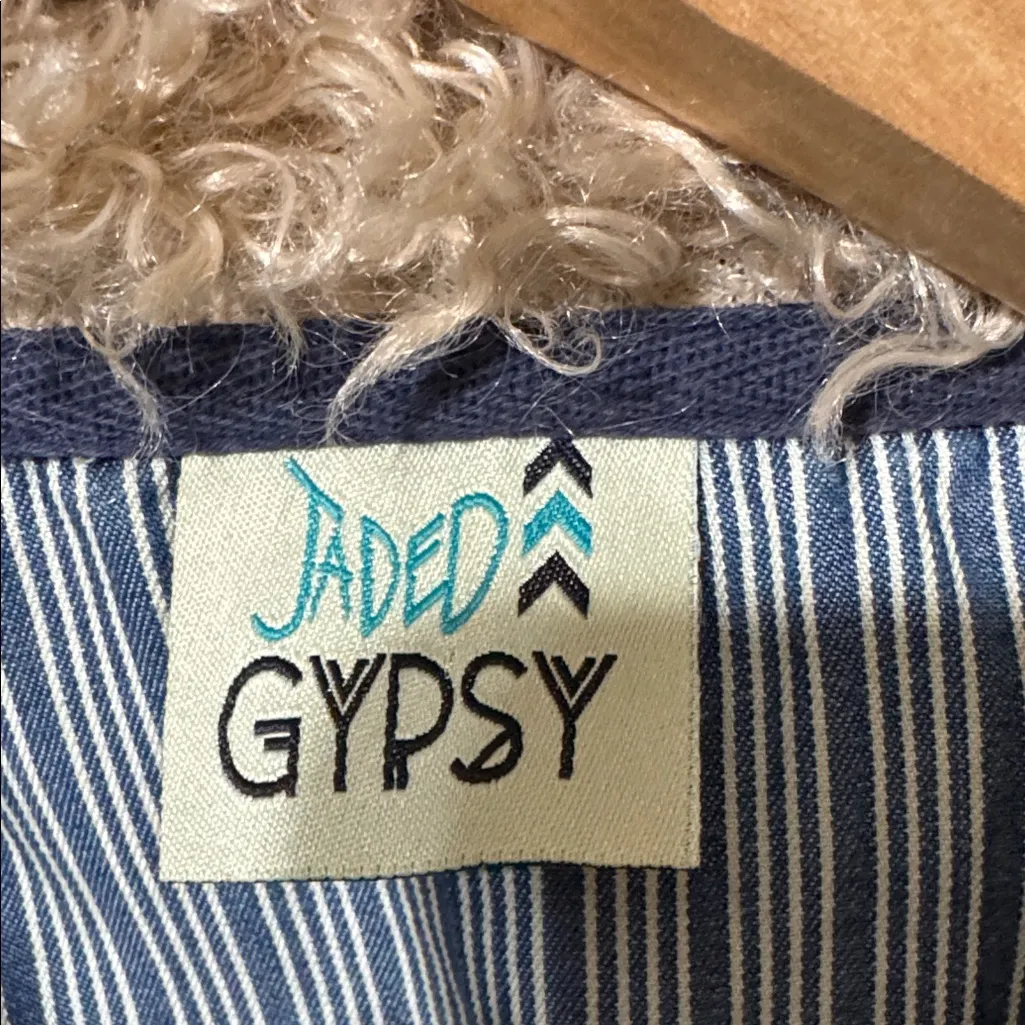 Jaded Gypsy Striped Chambray Jacket with Faux Fur Collar Size L\XL Blue - Image 2