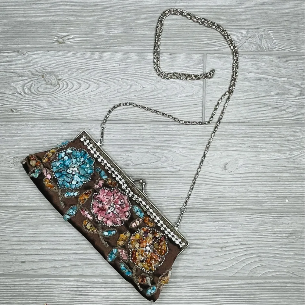 Vintage LAPIS Stone Gem rhinestone Bead Evening Bag Clutch Purse chain strap Blue - Image 2