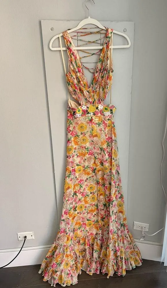 MAC DUGGAL Nude Multi Floral Print Cut Out Lace Tiered Gown - Image 6