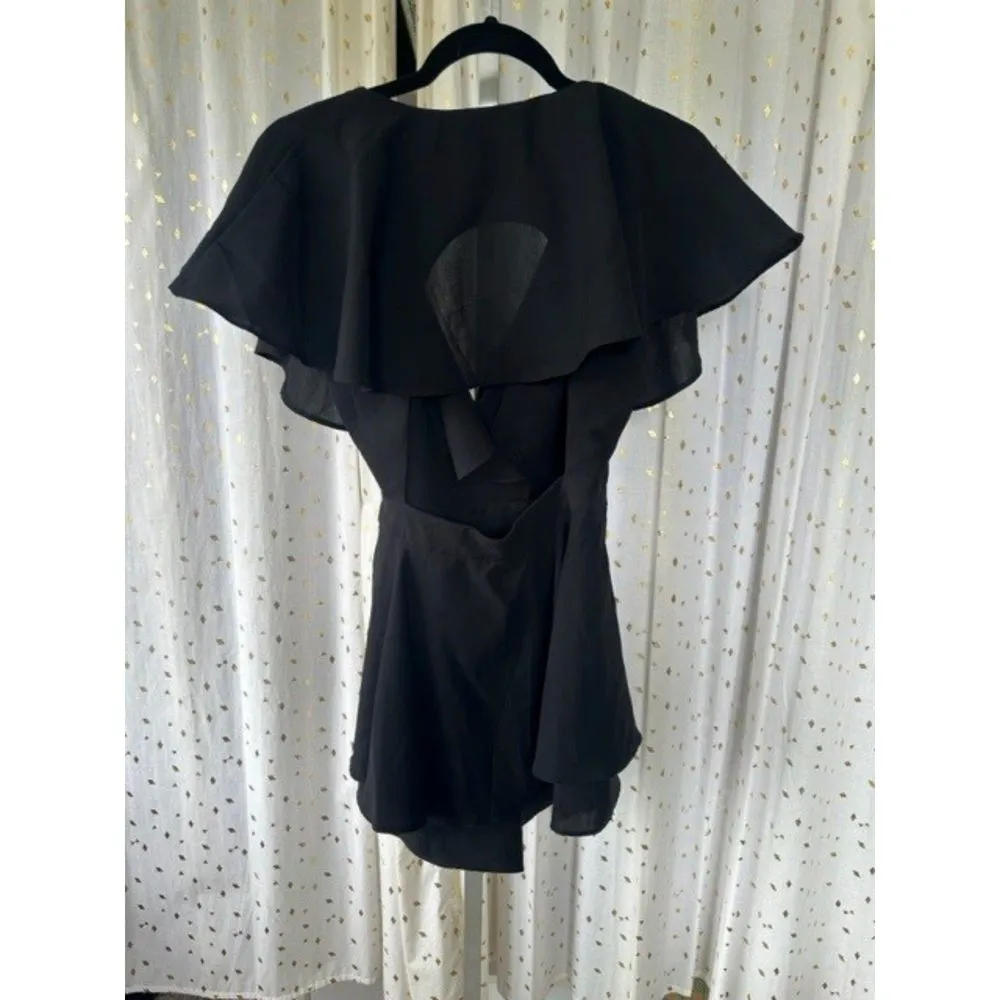 Open Back Partial Wrap Side Zip Flowy Waterfall Ruffles Skater Romper S - Image 4