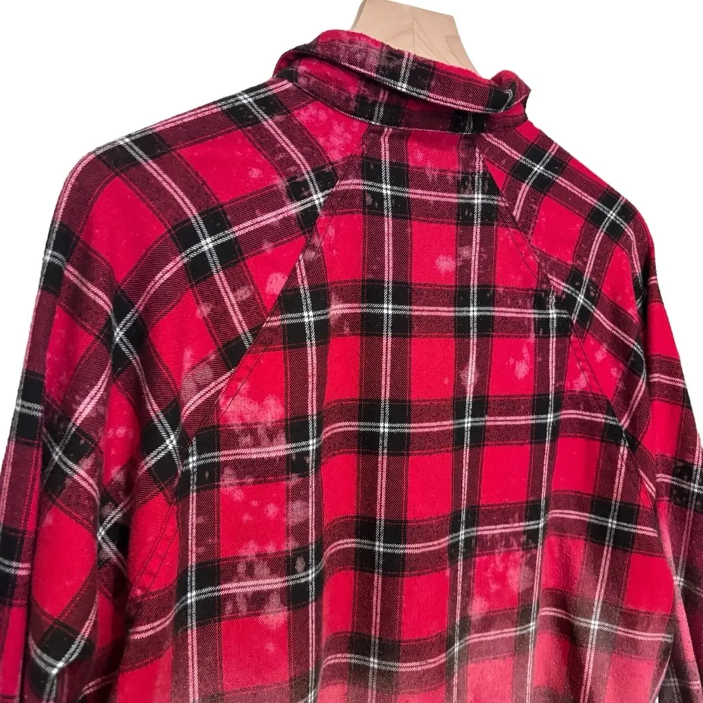 Women’s Hand bleached plaid farmhouse festival fall flannel shirt size small Red - Image 5