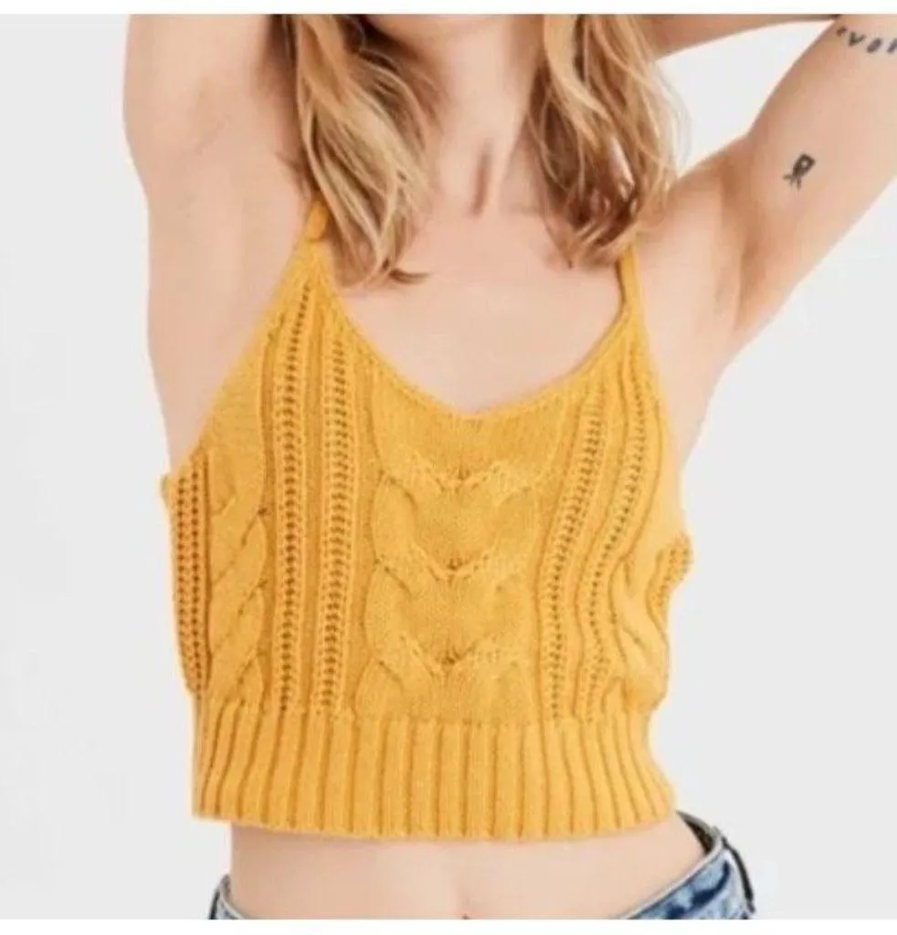 American Eagle Crochet Knit Babydoll Cami Top Sz L Gold Y2K Coquette Boho Hippie - Image 2