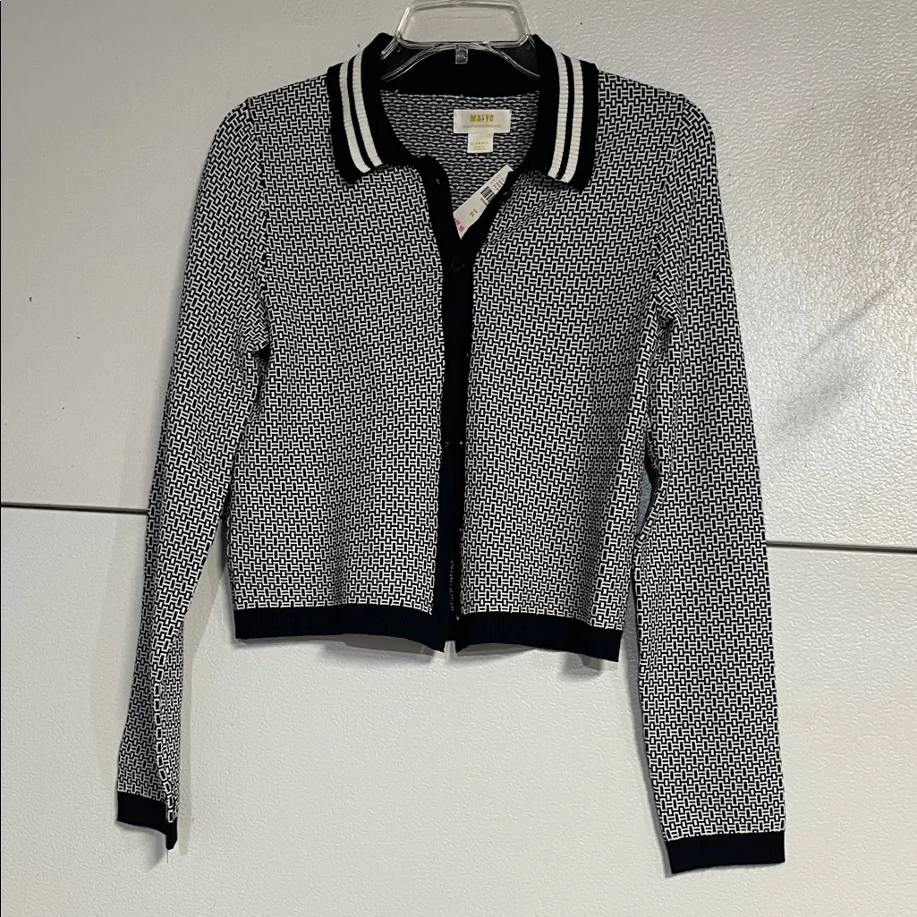 MAEVE ANTHROPOLOGIE WOMENS PLUNGING POLO CARDIGAN BLACK WHITE GEOMETRIC NWT XS - Image 2