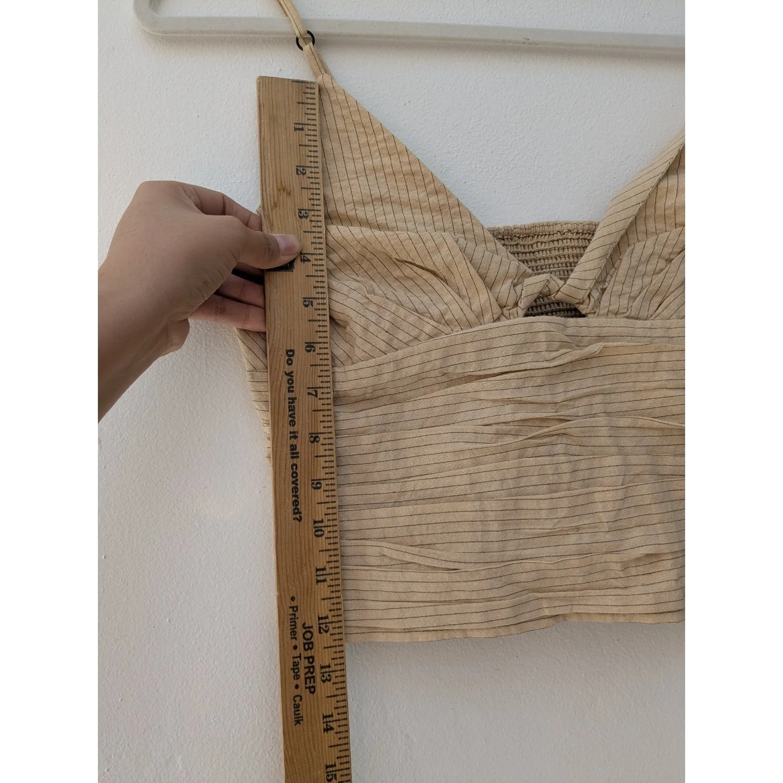 Zara Pinstripe Crop Top V Neck Keyhole Cutout Ruched Smocked Back Cream Size S - Image 6