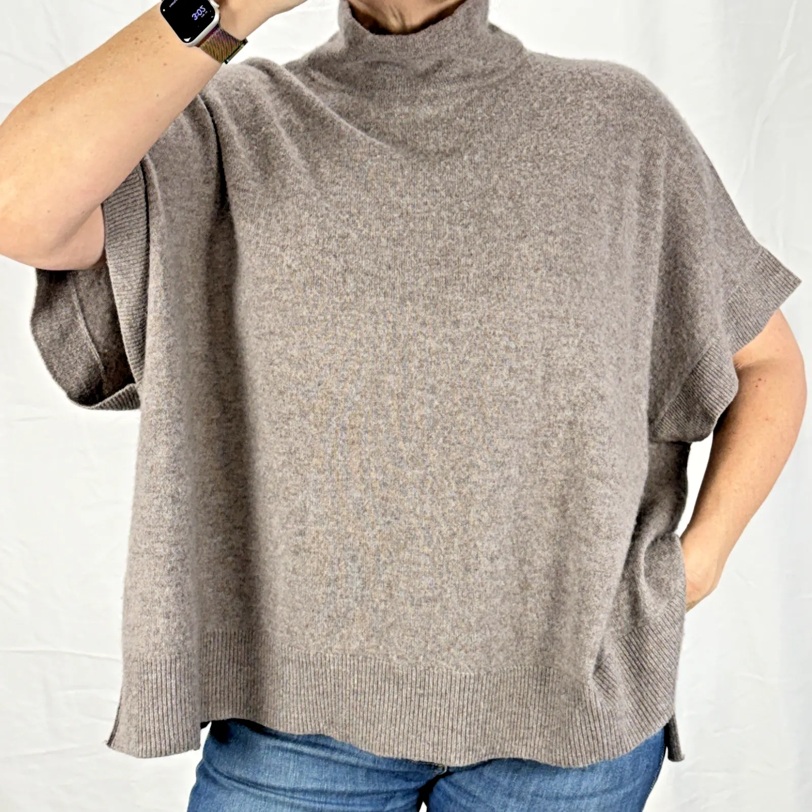 Kinross Cashmere Easy Popover Sweater One Size Dolman Sleeve Mock Neck Taupe Brown - Image 1
