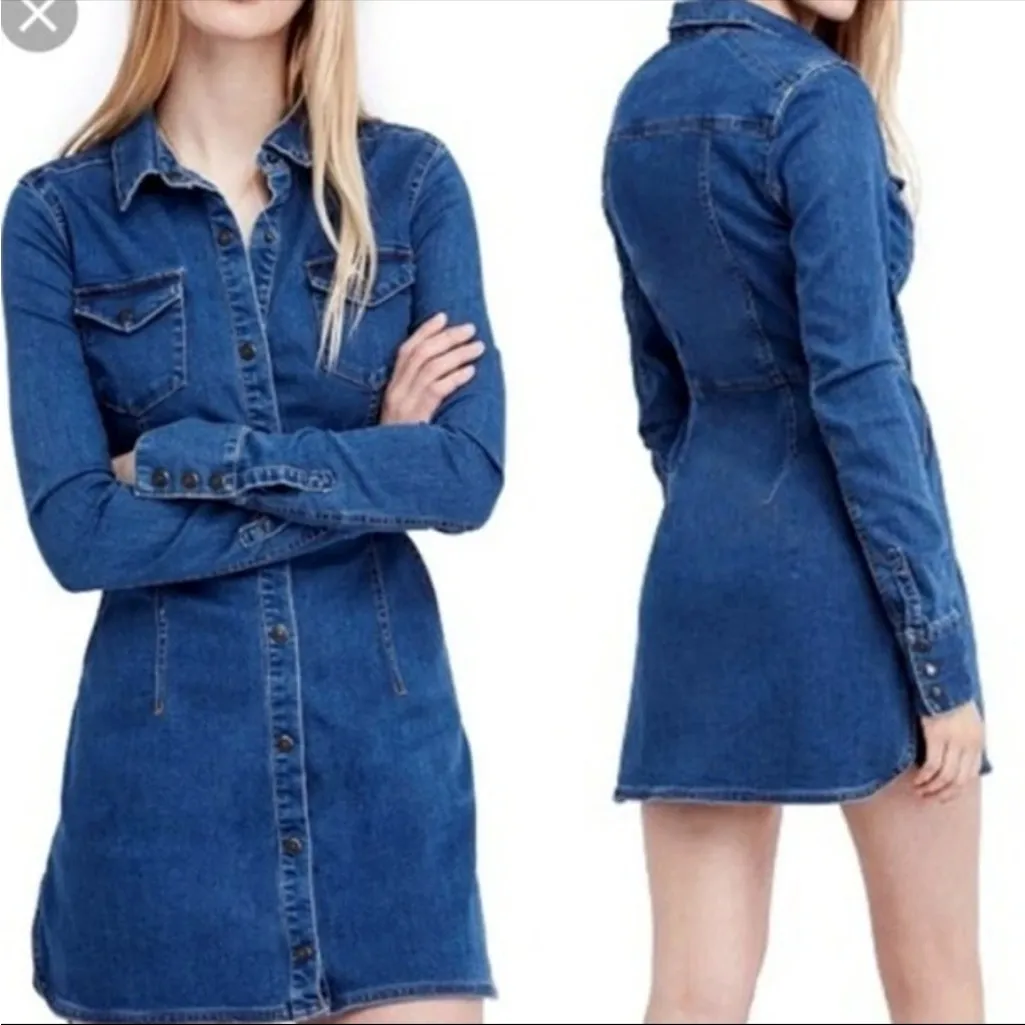 Free People Dynomite Denim Snap Front Shirt  Mini Jean Dress long Sleeve. Medium - Image 3