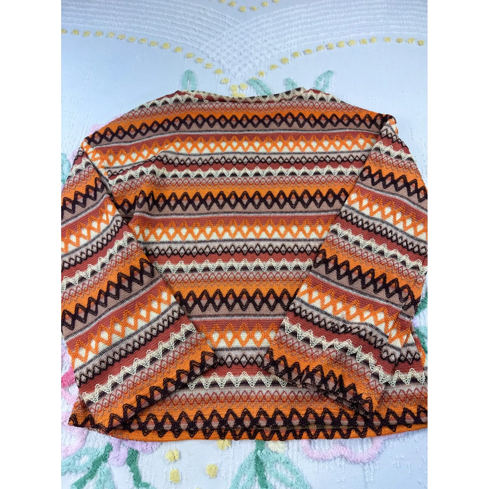 Retro Geometric Print Long Sleeve Sweater Top Orange Brown Beige Women's M - Image 6