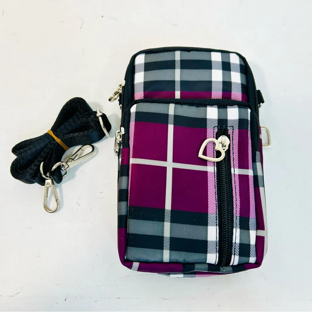 NEW Lightweight Small Nylon Crossbody Cell Phone Travel Pouch in Purple Stripes - Image 2